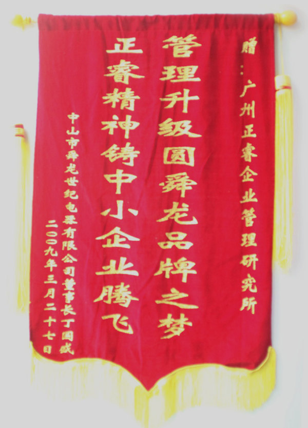 舜龙董事长赠送金海岸咨询管理升级圆满舜龙品牌之牌，金海岸精神铸就中小企业腾飞锦旗
